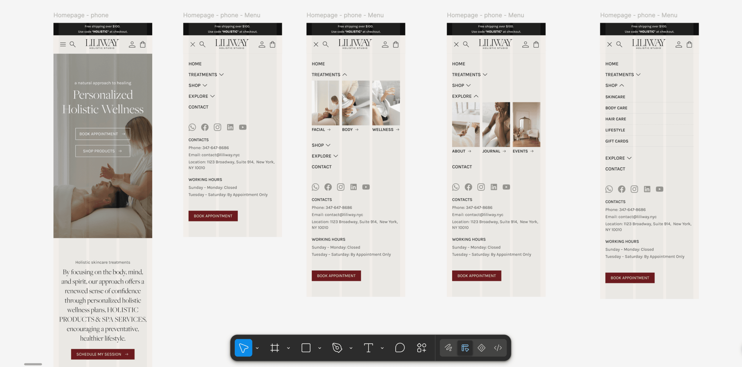 Liliway: розробка WordPress-сайту для wellness-студії у Нью-Йорку 2 Figma: мобільна головна сторінка та стани навігаційного меню.