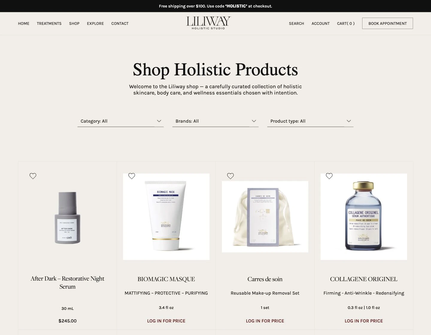 Liliway: розробка WordPress-сайту для wellness-студії у Нью-Йорку 8 Каталог косметики з фільтрами за категорією, брендом і типом продукту.
