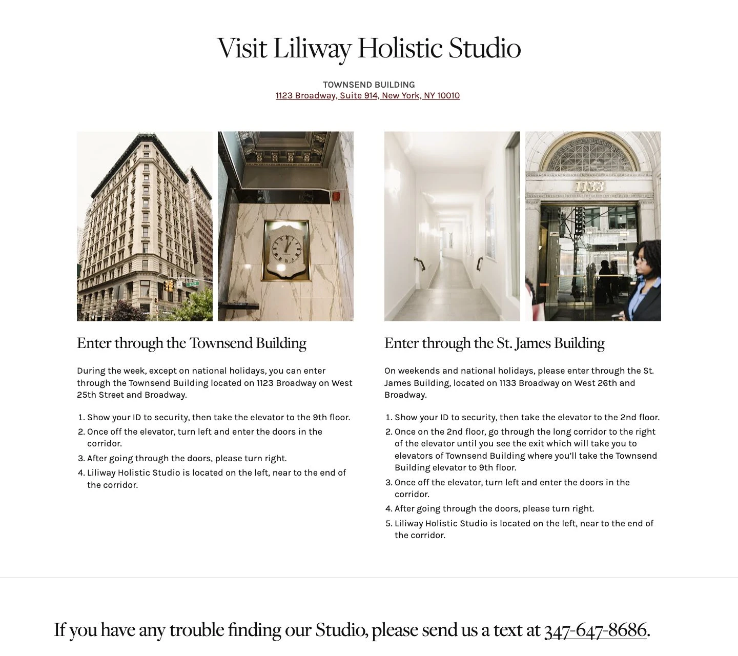 Liliway: розробка WordPress-сайту для wellness-студії у Нью-Йорку 10 Сторінка студії: адреса, фотографії будівлі та інструкції, як знайти вхід.