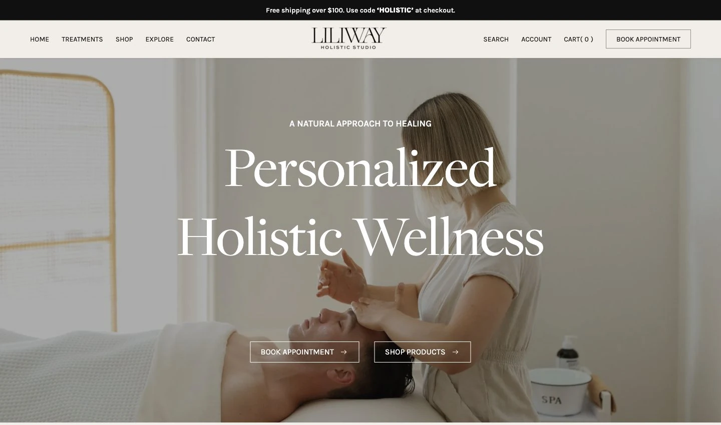 Liliway: розробка WordPress-сайту для wellness-студії у Нью-Йорку 5 Головний екран: знайомство зі студією, запис на процедуру та перехід до магазину.