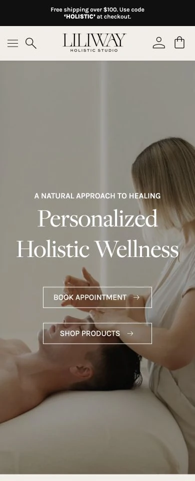 Liliway: розробка WordPress-сайту для wellness-студії у Нью-Йорку 11 Головна сторінка на телефоні.