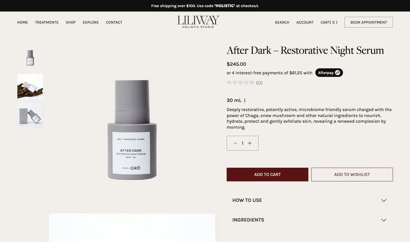 Liliway: розробка WordPress-сайту для wellness-студії у Нью-Йорку 9 Картка товару: галерея, ціна, об’єм, кількість і розділи про використання та склад.
