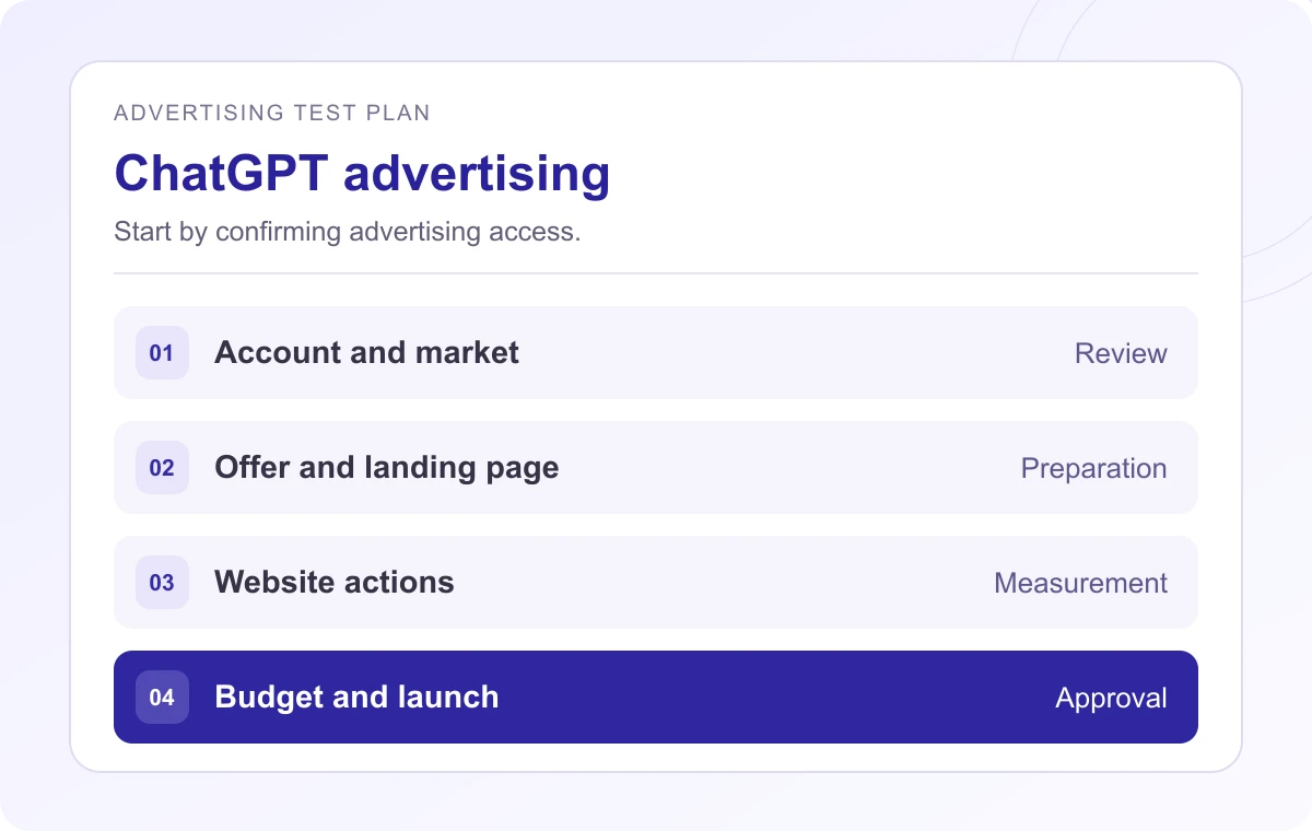 ChatGPT advertising test plan: access, offer, website actions and budget approval